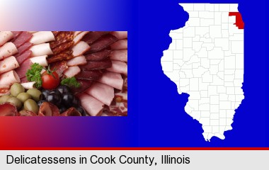 a deli platter; Cook County highlighted in red on a map