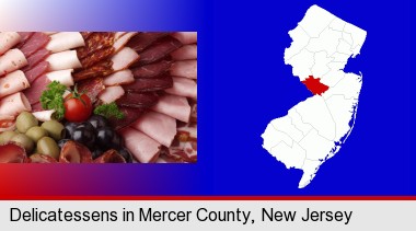 a deli platter; Mercer County highlighted in red on a map