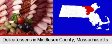 a deli platter; Middlesex County highlighted in red on a map