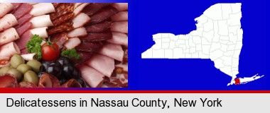 a deli platter; Nassau County highlighted in red on a map