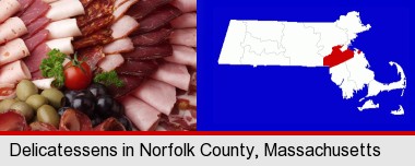 a deli platter; Norfolk County highlighted in red on a map